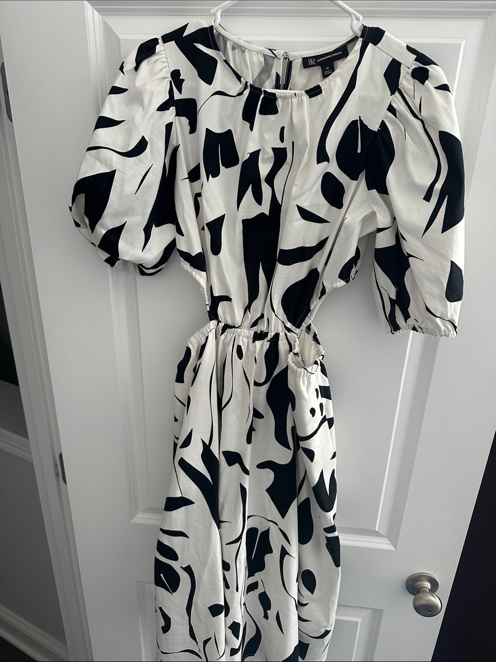 Mango Black & White Abstract Print Midi Dress with Puff Sleeves